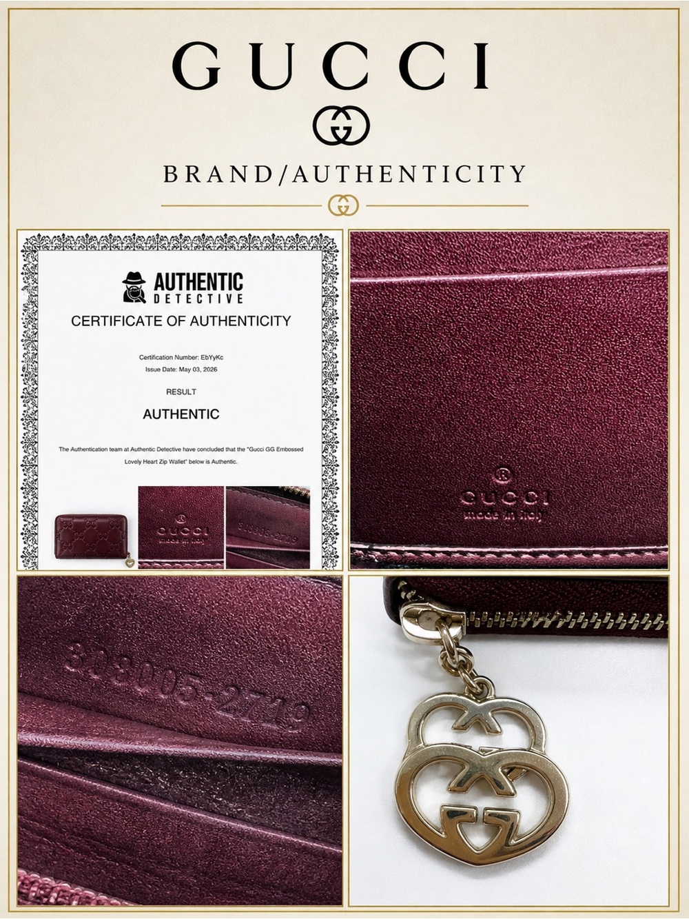 Gucci GG Embossed Lovely Heart Zip Wallet Burgundy Patent COA - Picture 2 of 16